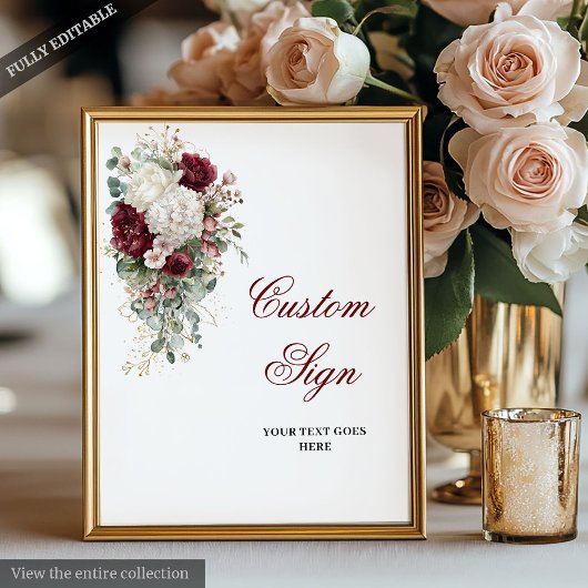 Boho Bourgogne Witte Bloemen Huwelijk Custom Sign Poster