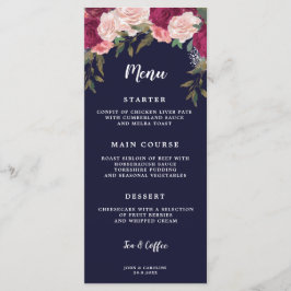 Boho Bourgondië Bloemen Marine bruiloft menu kaart