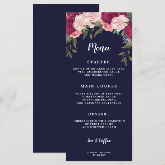 Boho Bourgondië Bloemen Marine bruiloft menu kaart (Voorkant / Achterkant)