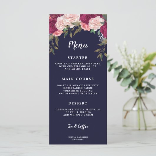 Boho Bourgondië Bloemen Marine bruiloft menu kaart (Staand voorkant)