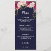 Boho Bourgondië Bloemen Marine bruiloft menu kaart (Voorkant)