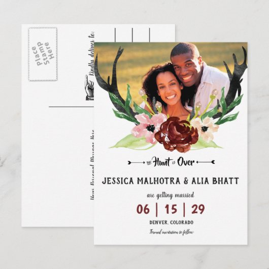 Boho Bourgondië Bloemrijke Jacht is Voorbij Sla de Aankondigingskaart (Voorkant / Achterkant)