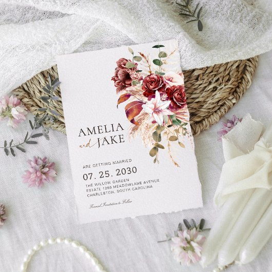 Boho Bourgondië & Blush Moderne Bloemen Save The Date