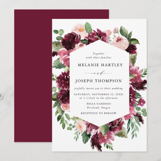 Boho Bourgondië & Blush Waterverf Bloemen Bruiloft Kaart (Voorkant / Achterkant)