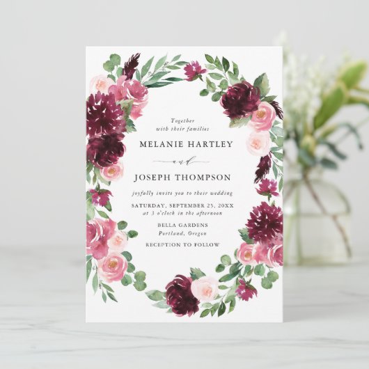 Boho Bourgondië & Blush Waterverf Bloemen Bruiloft Kaart (Staand voorkant)