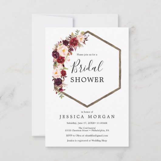 Boho Bourgondië Bruidsdouche Uitnodiging Kaart (Voorkant)