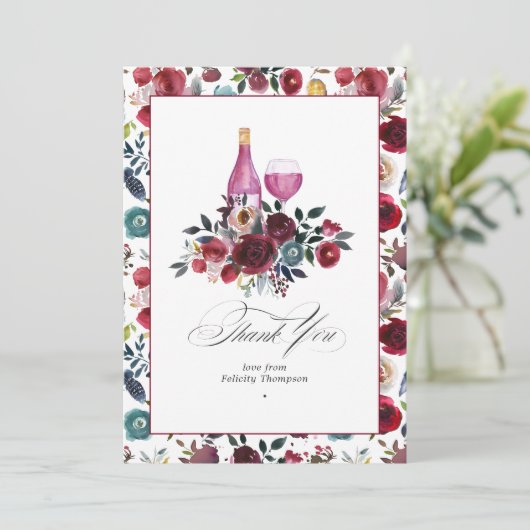 Boho Bourgondië & Dusty Blue Wine thema Bacheloret Bedankkaart (Staand voorkant)