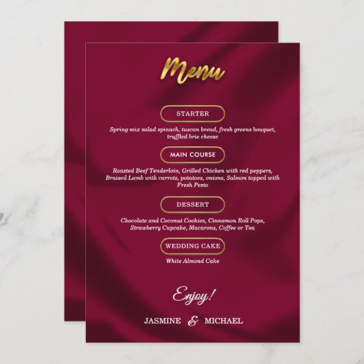 Boho Bourgondië en goud Elegant Script Trouwen Menu (Voorkant / Achterkant)