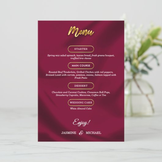 Boho Bourgondië en goud Elegant Script Trouwen Menu (Staand voorkant)