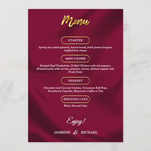 Boho Bourgondië en goud Elegant Script Trouwen Menu (Voorkant)