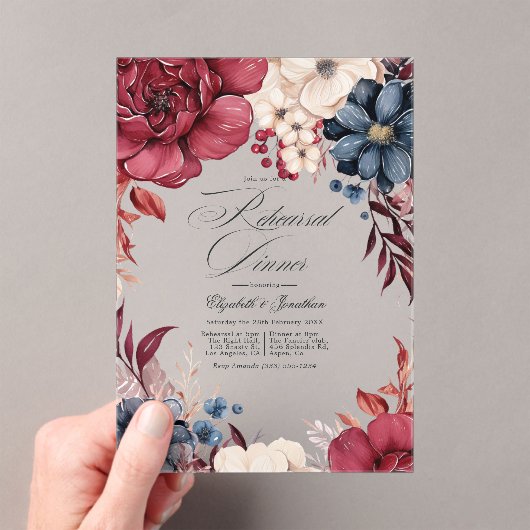 Boho Bourgondië en Navy Floral repetitie diner Acryl Uitnodigingen (Insitu (Draagbaar))