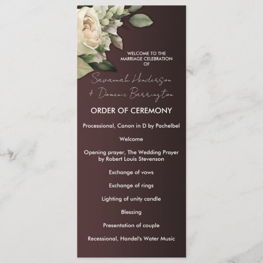 Boho Bourgondië en Rozen Bruiloft Programmakaart (Voorkant)