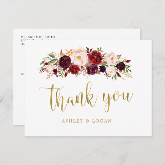 Boho Bourgondië Floral bruiloft dank u Briefkaart (Voorkant / Achterkant)