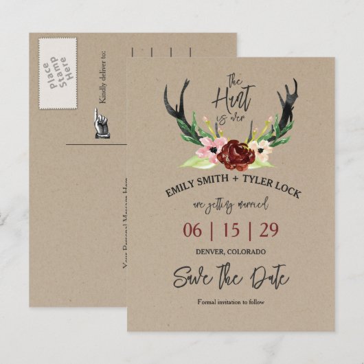 Boho Bourgondië Floral Hunt is over de datum redde Aankondigingskaart (Voorkant / Achterkant)