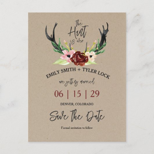 Boho Bourgondië Floral Hunt is over de datum redde Aankondigingskaart (Voorkant)