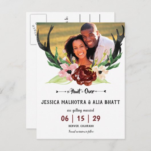 Boho Bourgondië Floral Hunt is over de datum redde Aankondigingskaart (Voorkant / Achterkant)