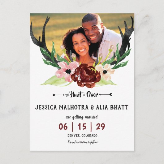 Boho Bourgondië Floral Hunt is over de datum redde Aankondigingskaart (Voorkant)