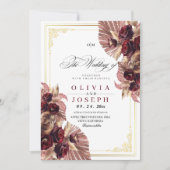 Boho Bourgondië Gouden Roos Bloemen Rustiek Huweli Kaart (Voorkant)