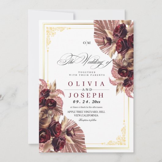 Boho Bourgondië Gouden Roos Bloemen Rustiek Huweli Kaart (Voorkant)