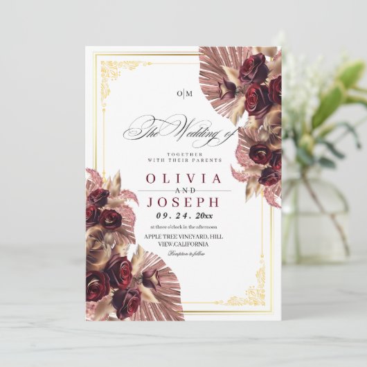 Boho Bourgondië Gouden Roos Bloemen Rustiek Huweli Kaart (Staand voorkant)