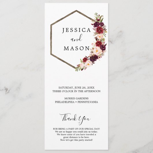 Boho Bourgondië huwelijksprogramma Programmakaart (Voorkant)