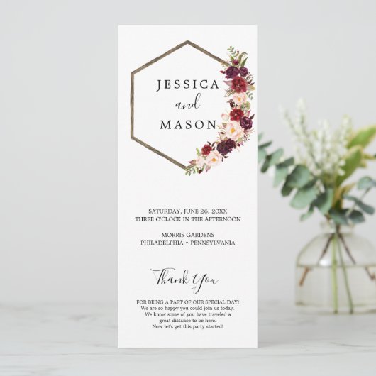 Boho Bourgondië huwelijksprogramma Programmakaart (Staand voorkant)