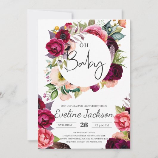 Boho Bourgondië Maroon Florals Baby shower Invite Kaart (Voorkant)