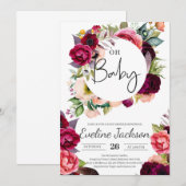 Boho Bourgondië Maroon Florals Baby shower Invite Kaart (Voorkant / Achterkant)