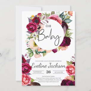 Boho Bourgondië Maroon Florals Baby shower Invite Kaart
