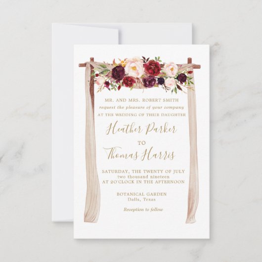 Boho Bourgondië Marsala Bloemenboog Bruiloft Kaart (Voorkant)
