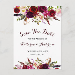 Boho Bourgondië Marsala Bloemenbruiloft Save the D Aankondigingskaart