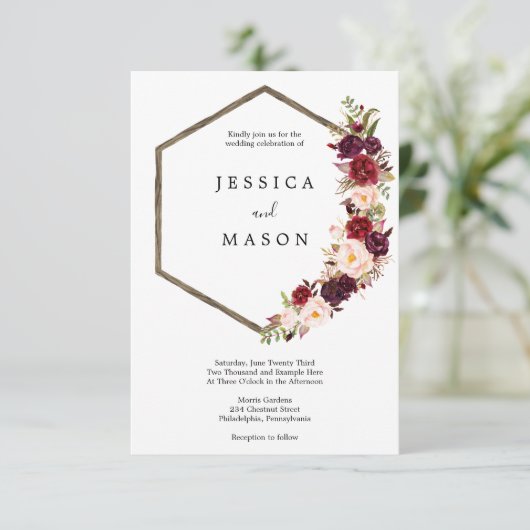 Boho Bourgondië Marsala bruiloft uitnodiging (Staand voorkant)