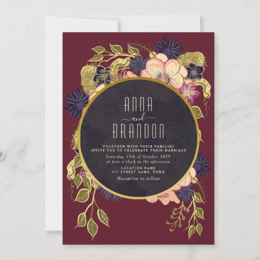 Boho Bourgondië Navy Bloemen Huwelijksuitnodiging Kaart (Voorkant)