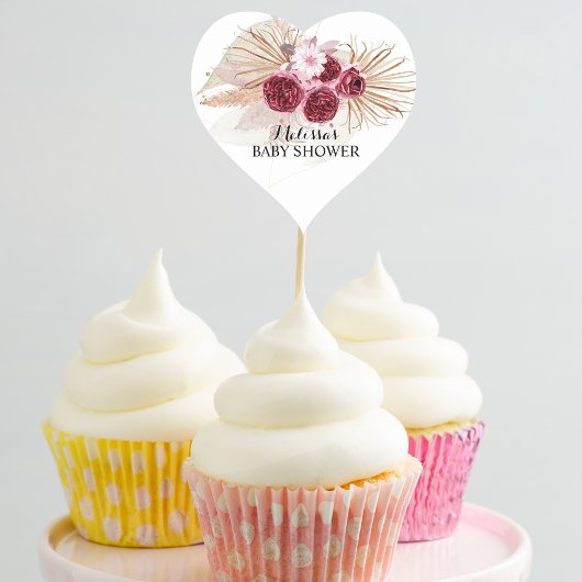 Boho Bourgondië Pampas Gras cupcake toppers Hart Sticker