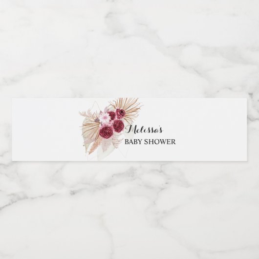 Boho Bourgondië Pampas Gras  Waterfles Etiket (Enkel label)