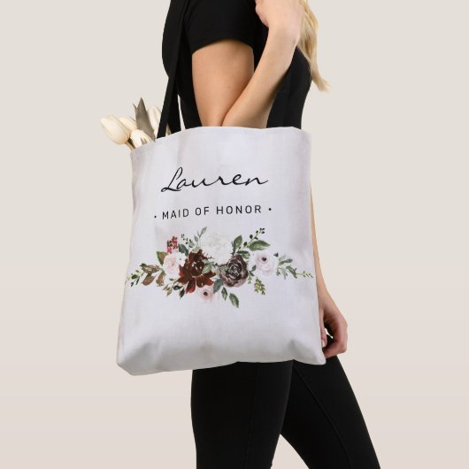 Boho Bourgondië Roze Bloemen Script Maid of Honor Tote Bag (Dichtbij)