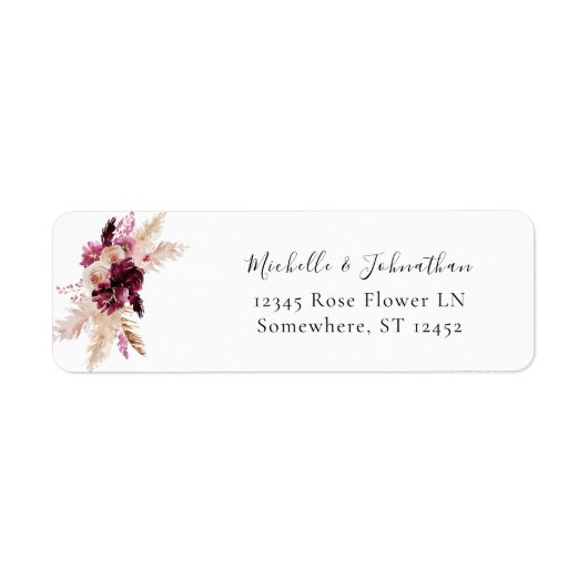 Boho Bourgondië & Roze Bloemige Pampas Retouradres Etiket (Voorkant)