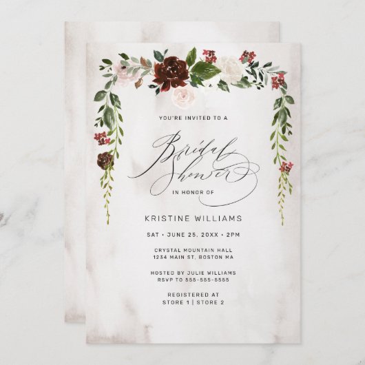 Boho Bourgondië Roze Waterverf Bloemen Vrijgezelle Kaart (Voorkant / Achterkant)