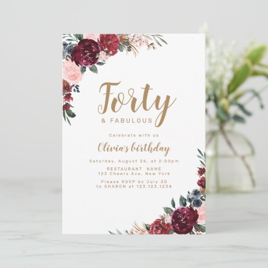 Boho Bourgondië waterverf bloemen 40ste verjaardag Kaart (Staand voorkant)