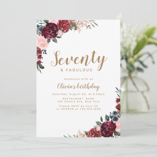 Boho Bourgondië waterverf bloemen 70ste verjaardag Kaart (Staand voorkant)