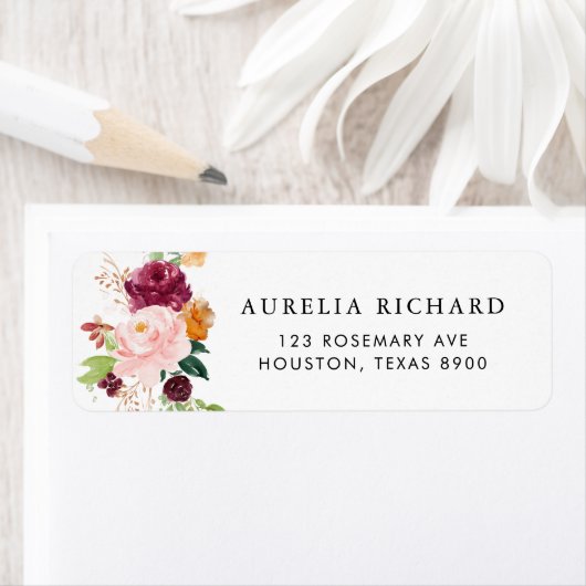 Boho Bourgondië Waterverf Herfstbloemen bruiloft Etiket (Insitu)