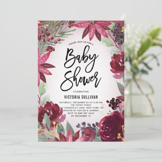 Boho Bourgondië Winter Bloemen Frame Baby Shower Kaart (Staand voorkant)