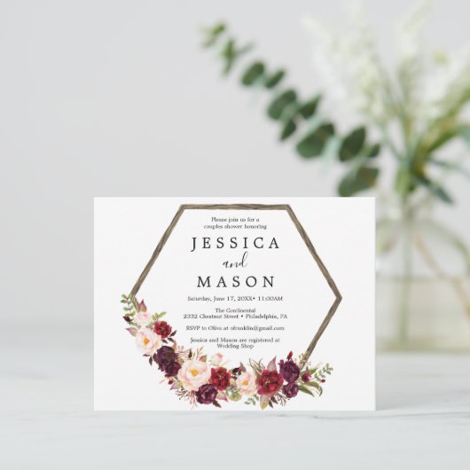 Boho Bourgondische koppels Douche Uitnodiging (Staand voorkant)