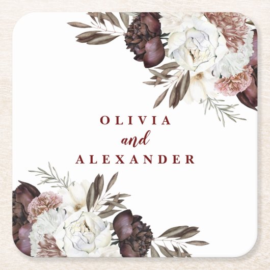 Boho Bourgondische Rozen herfst bloemenbruiloft se Kartonnen Onderzetters (Voorkant)