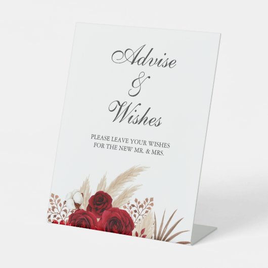 Boho Bourgondische Rozen Pampas Grass Wishes Reclamebord Met Voetstuk (Voorkant)