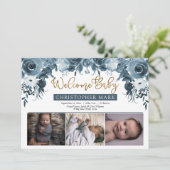 Boho Boy 3 Foto Blue Waterverf Gold Floral Birth Aankondiging (Staand voorkant)