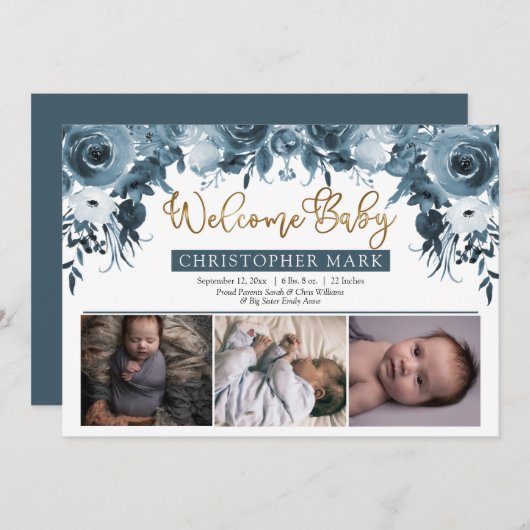 Boho Boy 3 Foto Blue Waterverf Gold Floral Birth Aankondiging (Voorkant / Achterkant)