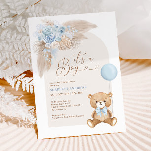 Boho Boy Teddy Bear Balloon Baby shower Kaart
