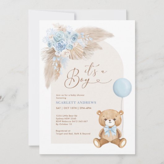 Boho Boy Teddy Bear Balloon Baby shower Kaart (Voorkant)