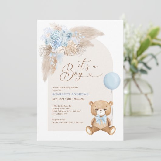 Boho Boy Teddy Bear Balloon Baby shower Kaart (Staand voorkant)